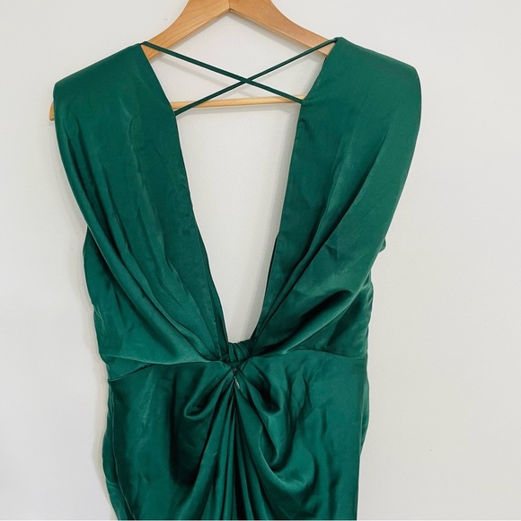 Plunging Neckline Satin Sexy Ruched Cinched Draped Tulip Open Back Midi Dress - Picture 8 of 9